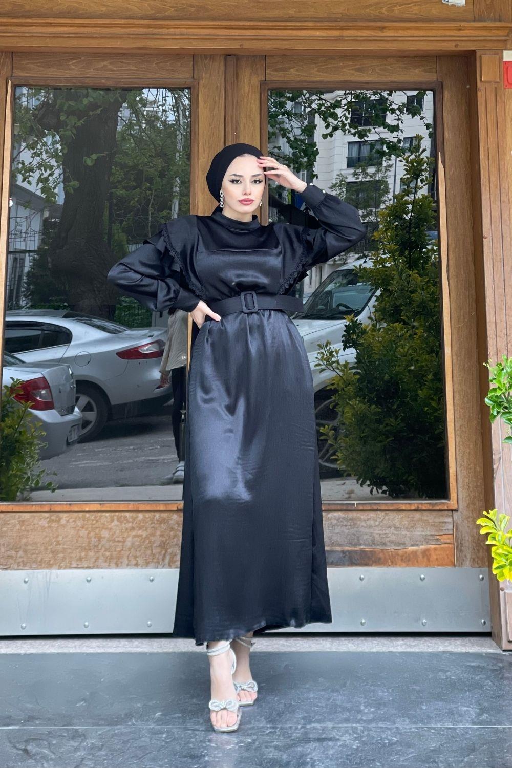 KollarıDantellı Kemerli Elbise Siyah 6200 