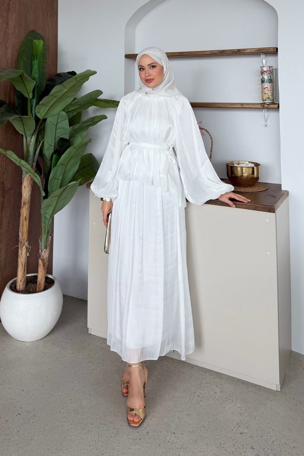 Elfida Saten Takımlı Abiye Beyaz 6201 