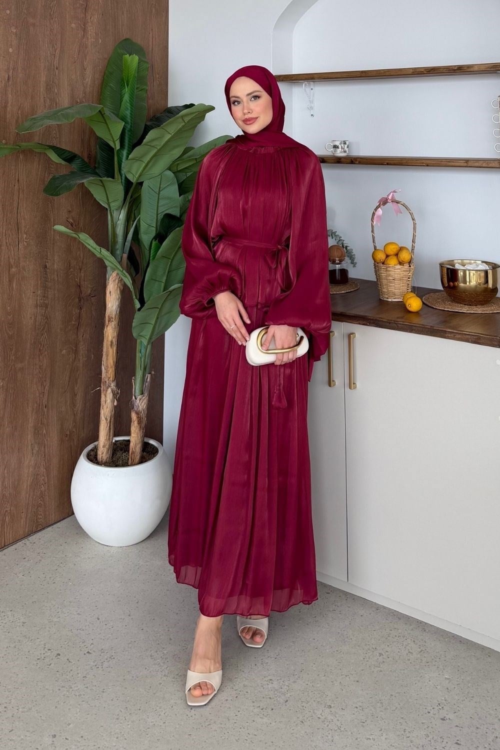 Elfida Saten Takımlı Abiye Bordo 6201 