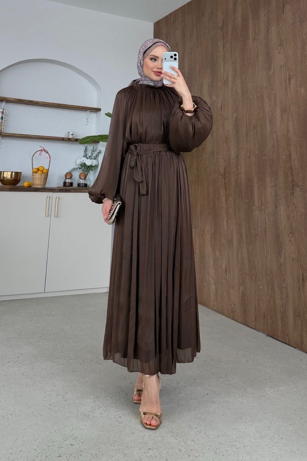 Elfida Saten Takımlı Abiye Kahverengi 6201 