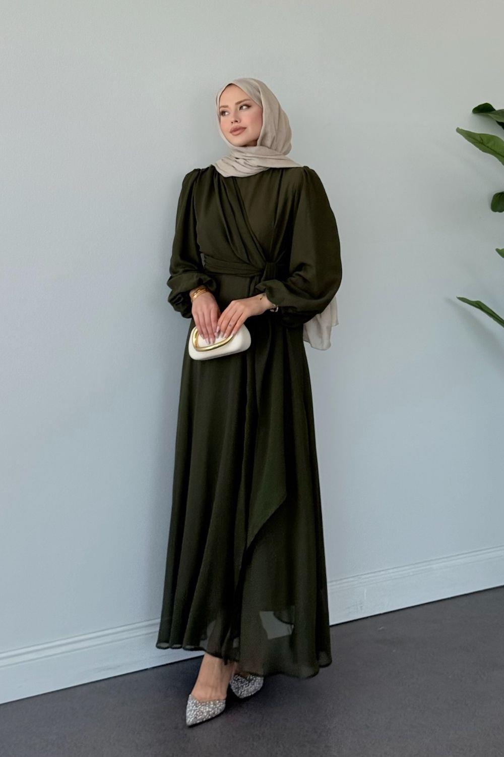 İlayda  Şifon Elbise Haki 6226 