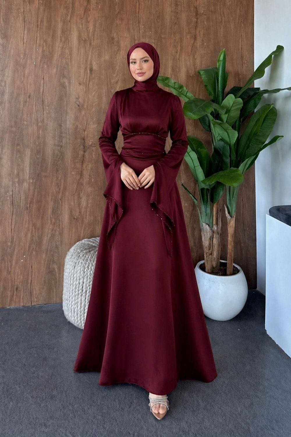 Moneva Kolları Yırtmaçlı Abiye Bordo 6258 