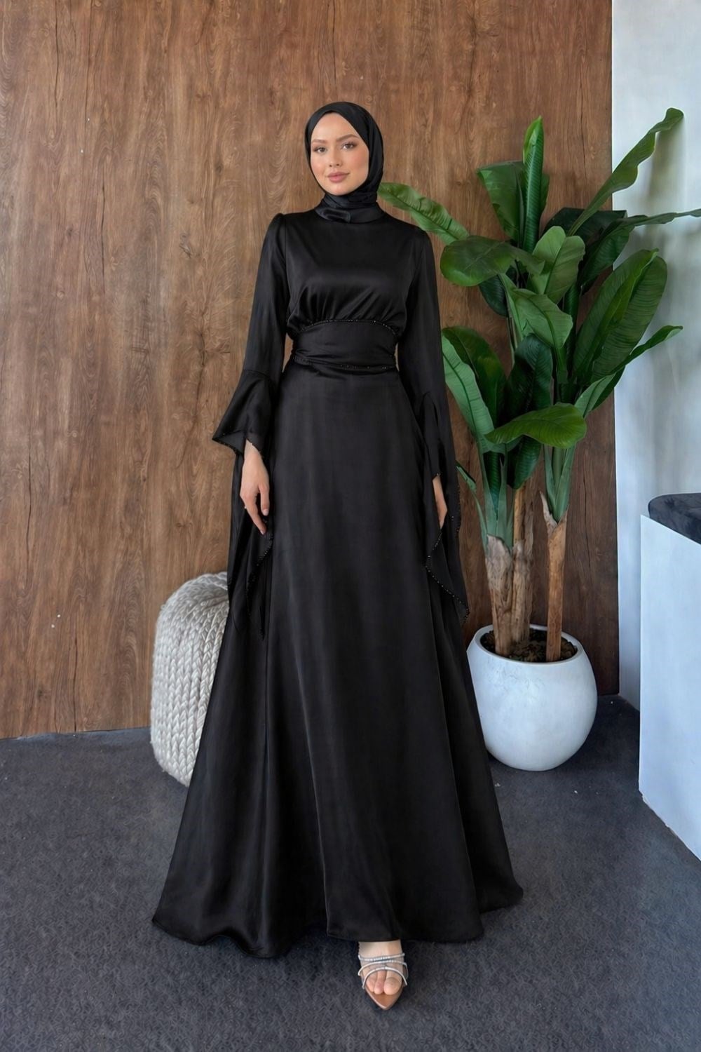 Moneva Kolları Yırtmaçlı Abiye Siyah 6258 