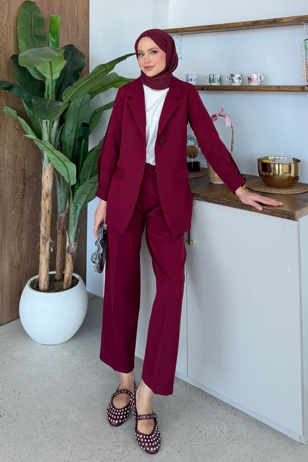 Modern Ceketli Takım Bordo 6277 
