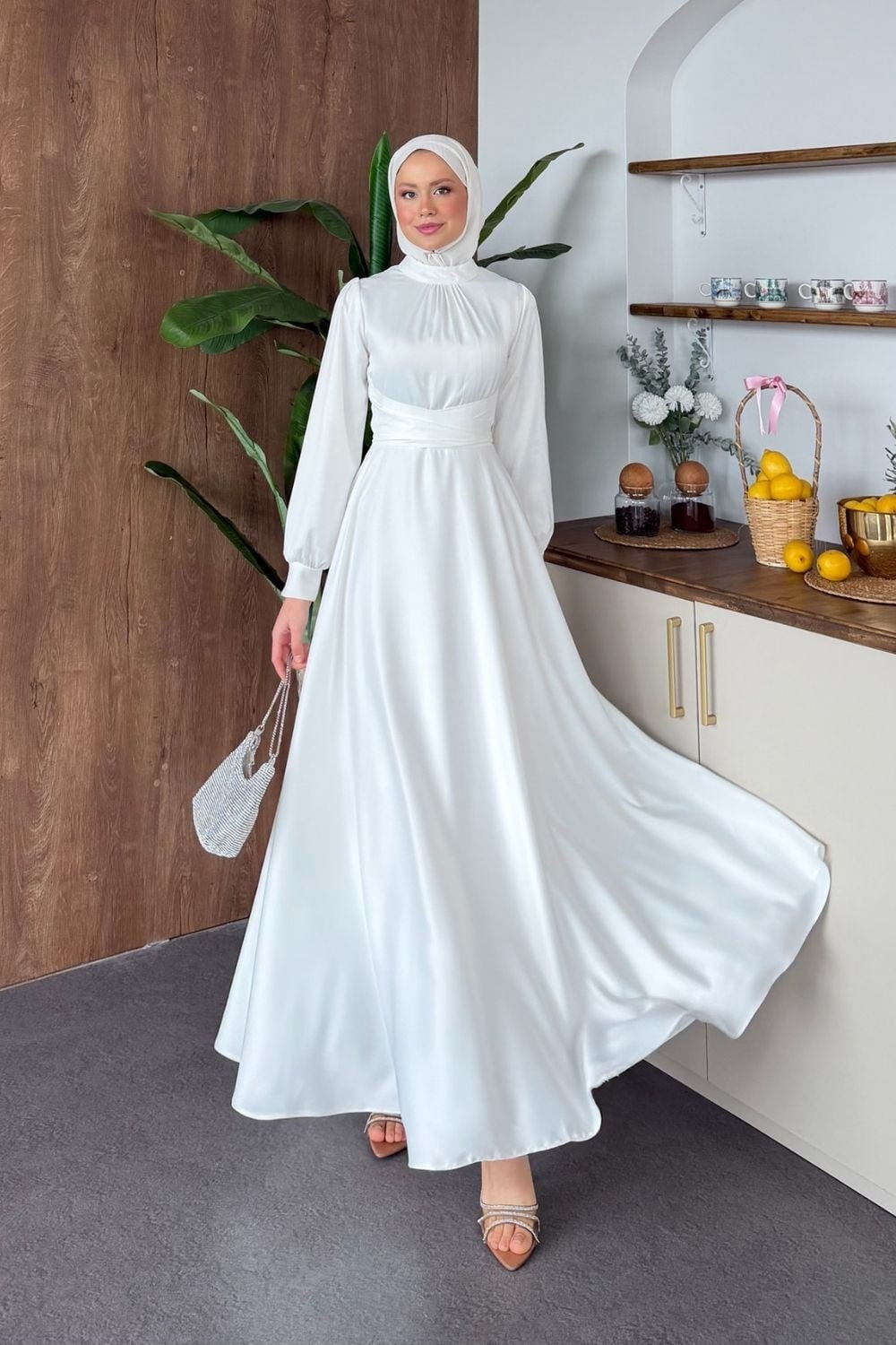 Grace Çapraz Saten Elbise Beyaz 6297 