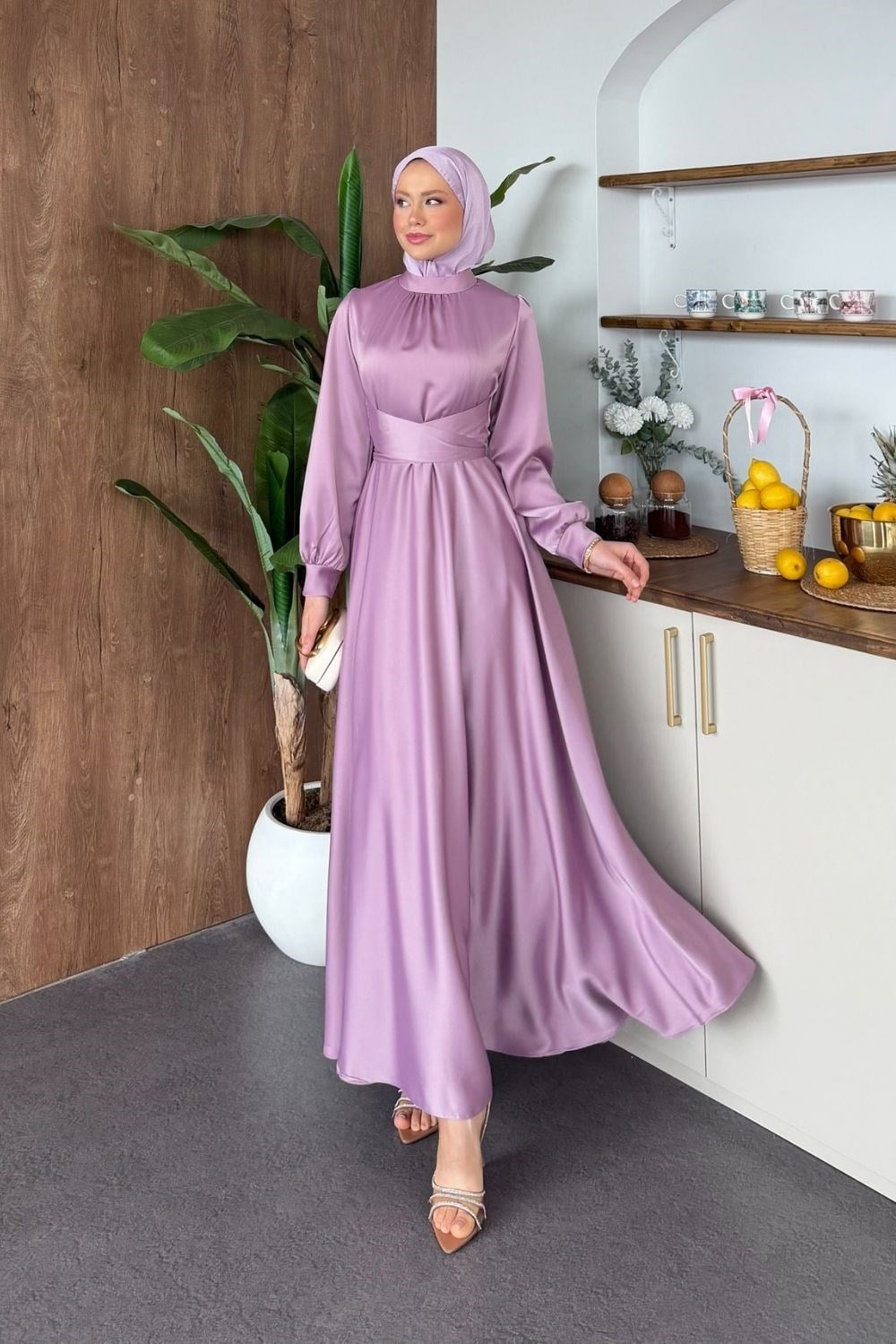 Grace Çapraz Saten Elbise Eflatun 6297 