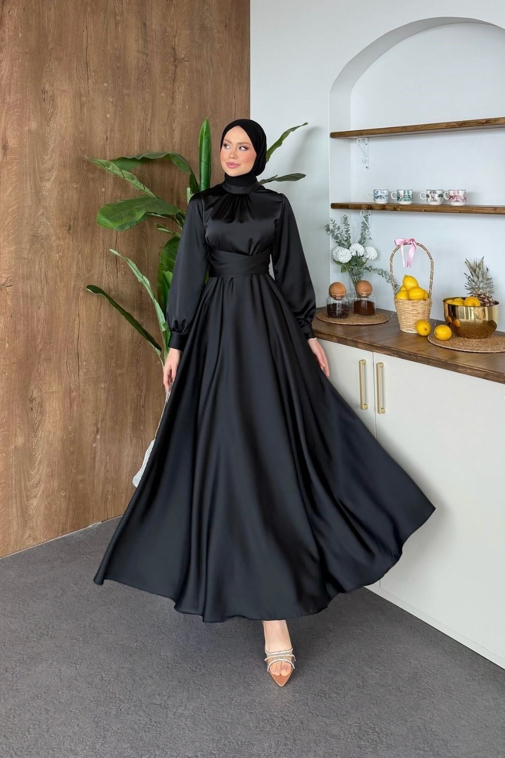 Grace Çapraz Saten Elbise Siyah 6297 