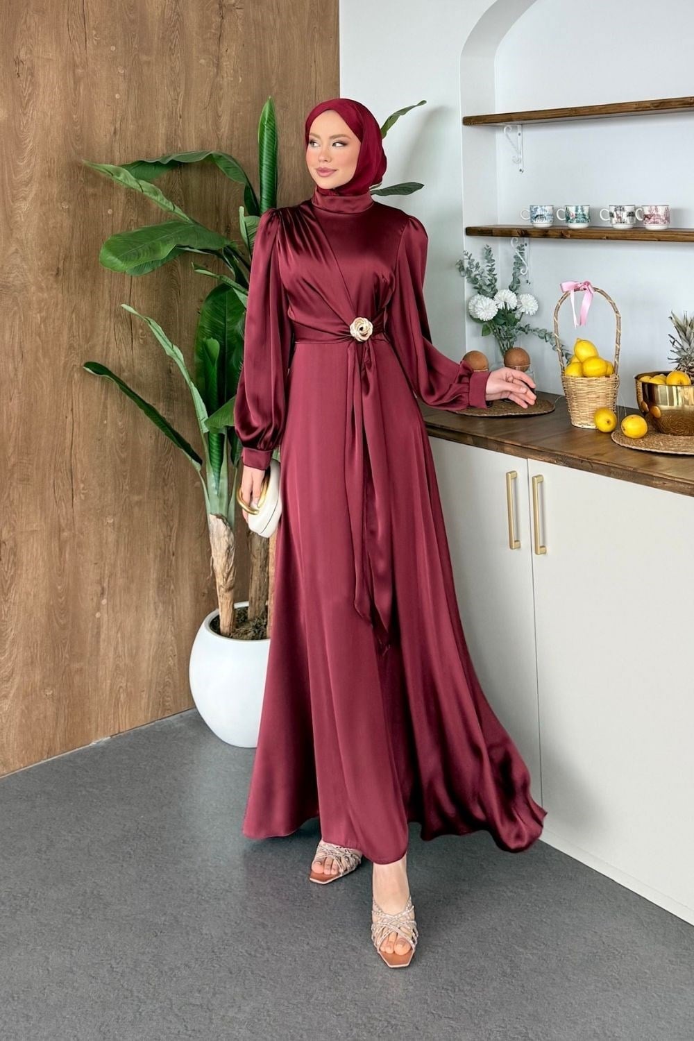 Yandan Tokalı Saten Elbise Bordo 6298 