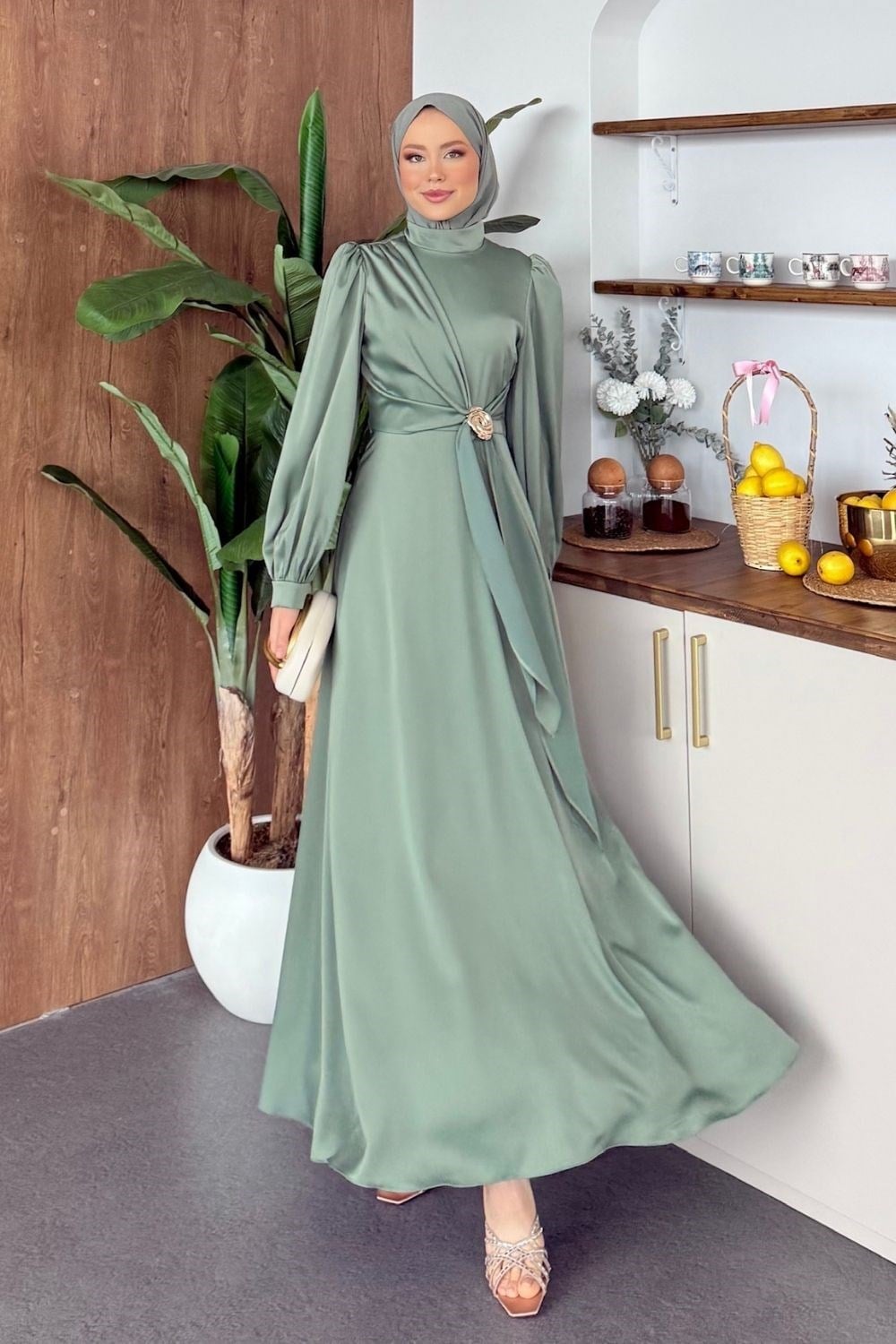 Yandan Tokalı Saten Elbise Haki 6298 