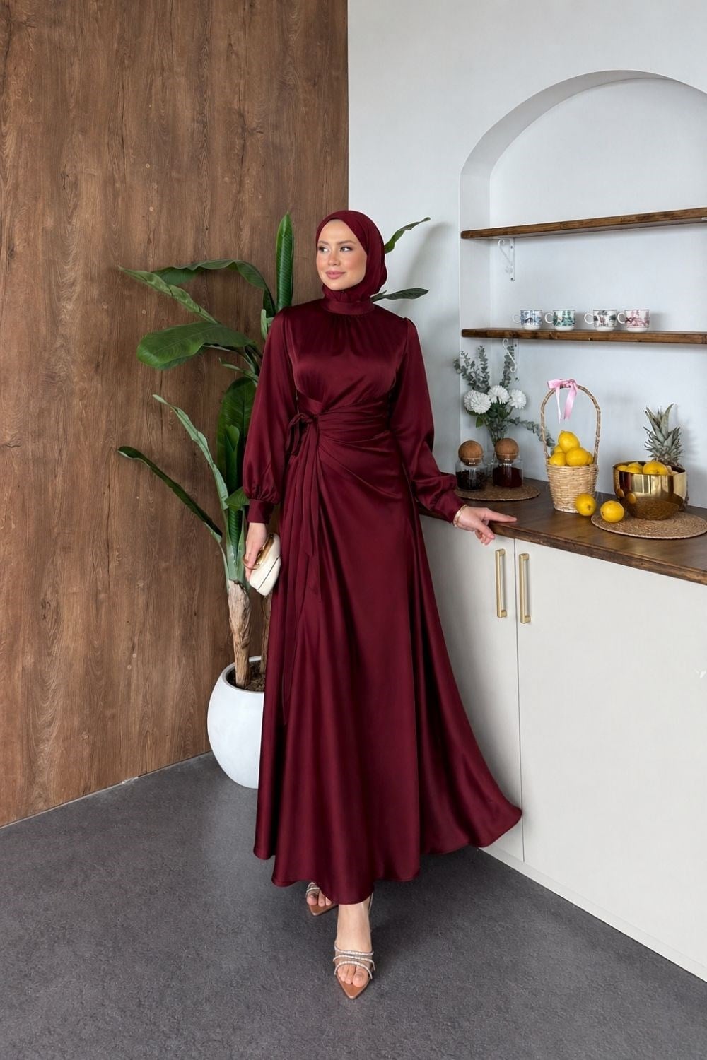 Noctira Saten Elbise Bordo 6301 