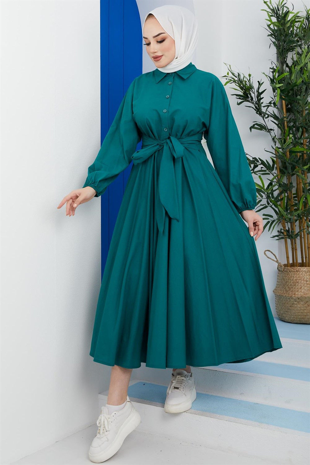 Şule Giyim | Tesettür Giyim | Kendinden Kemerli Tesettür Elbise Yeşil
