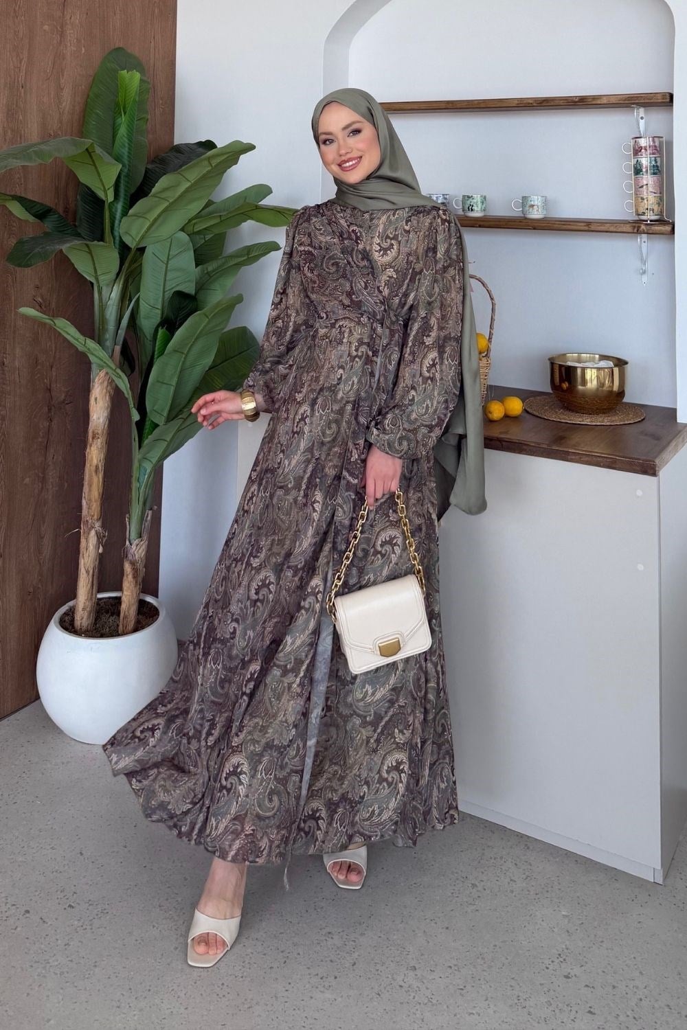 Paisley Desen Elbise Haki 6302 