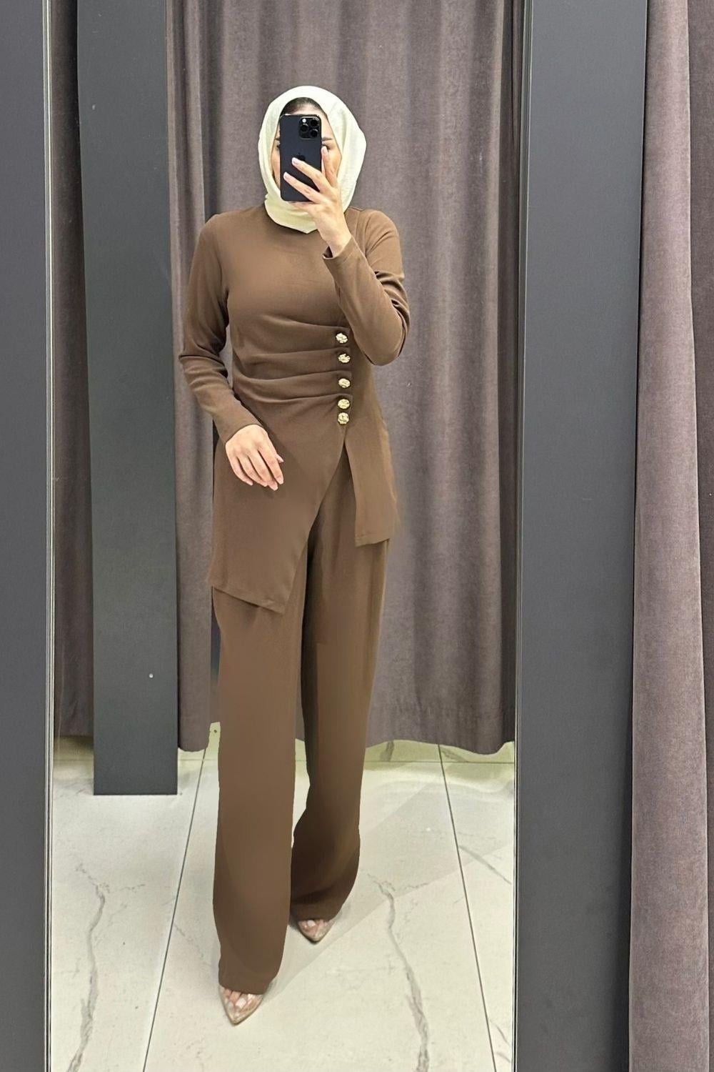 Düğmeli Büzgülü Takım Kahverengi 6330 