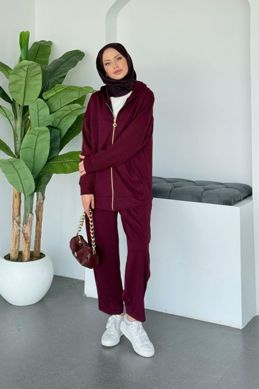 Tuna Kapüşonlu Fermuarlı Takım Bordo 70149 