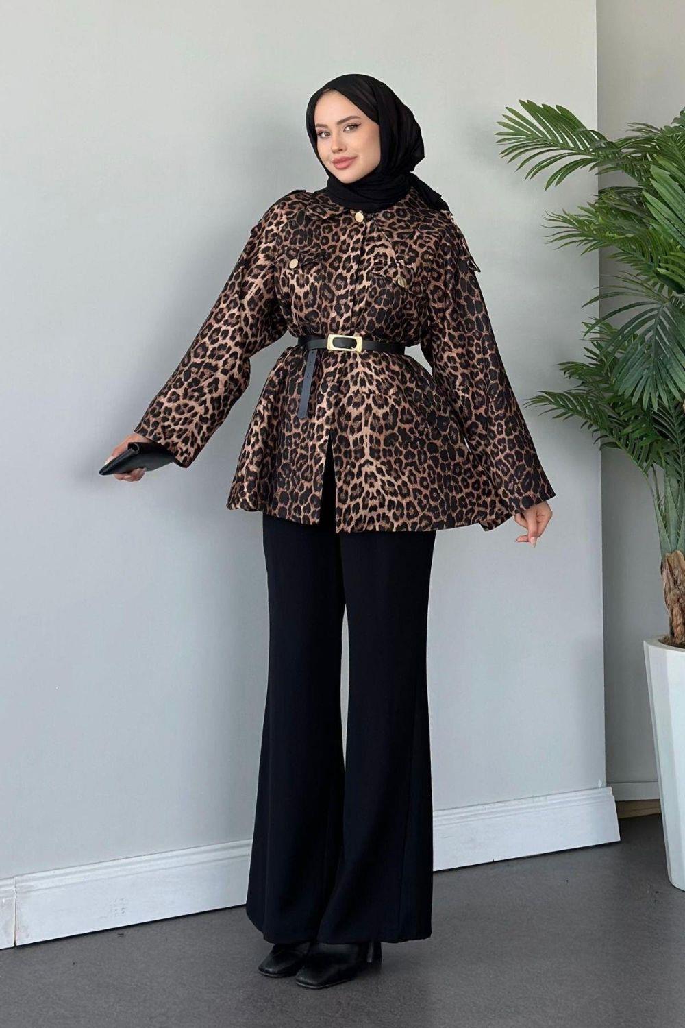 Leopar Desenli Ceket Siyah 7039 
