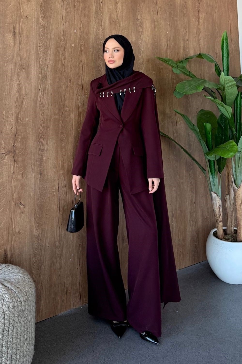 Boncuklu  Pantolonlu Takım Bordo 70421 