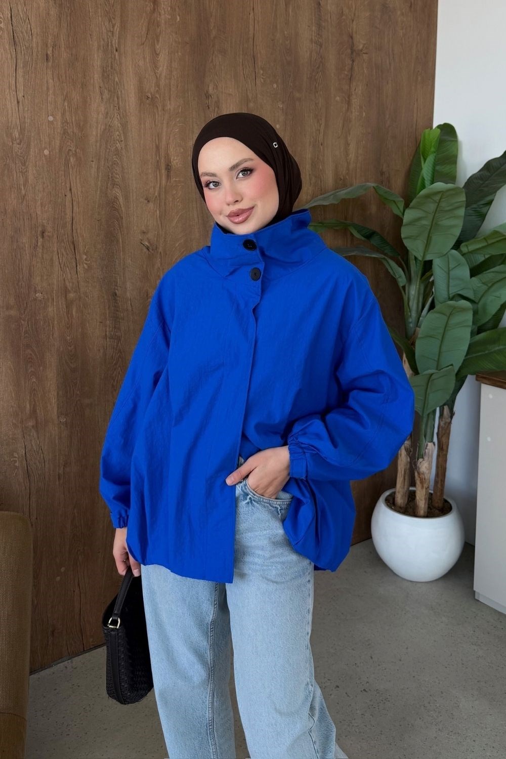 Paraşüt Yüksek Yaka Trenç Saks 7149 