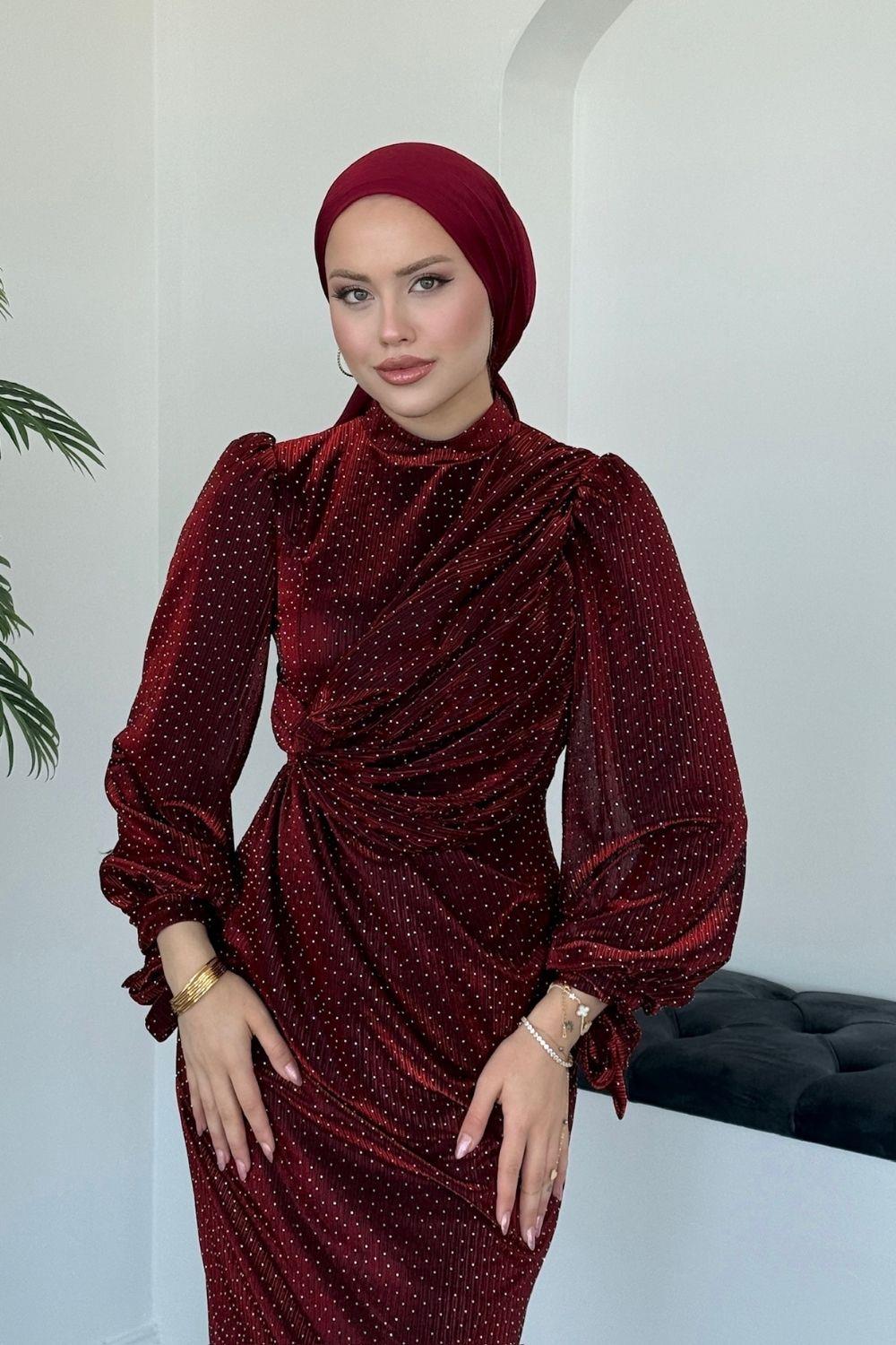 Maviş Simli Abiye Bordo 7710 