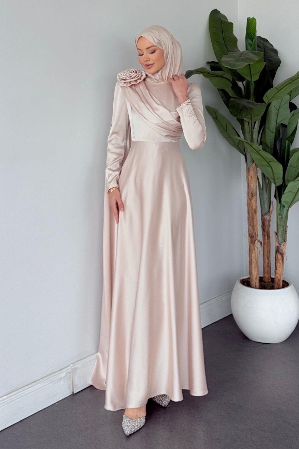 Fularlı Saten Abiye Bej 7951 