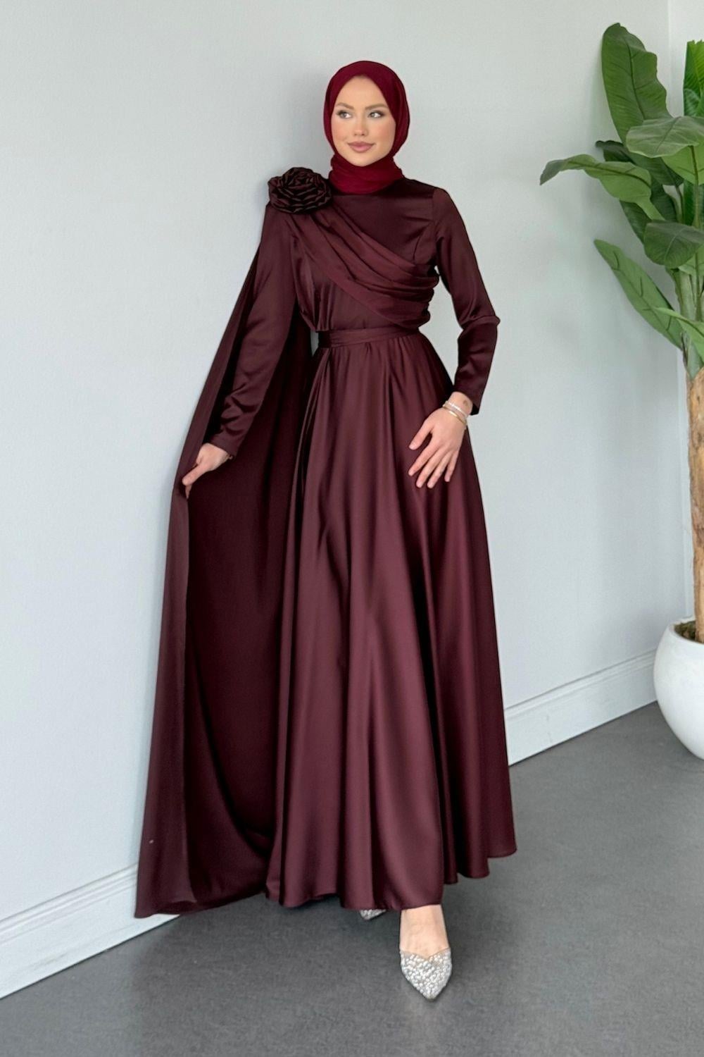 Fularlı Saten Abiye Mürdüm 7951 