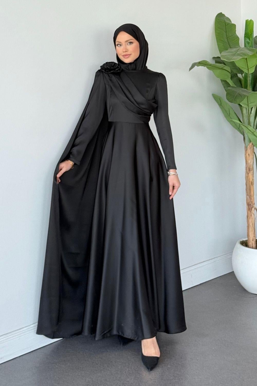 Fularlı Saten Abiye Siyah 7951 