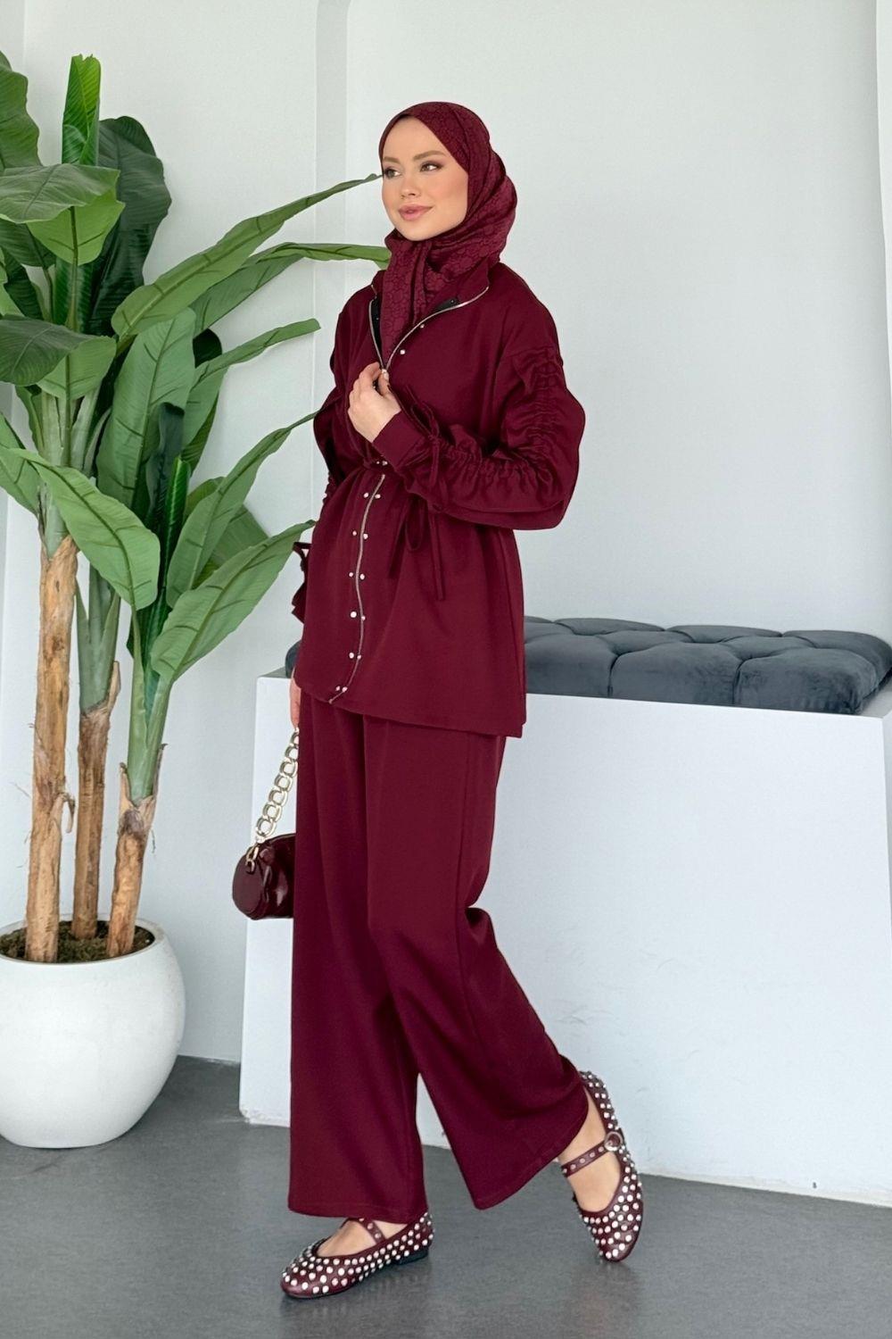 Berna Kol Büzgülü Takım Bordo 8004 