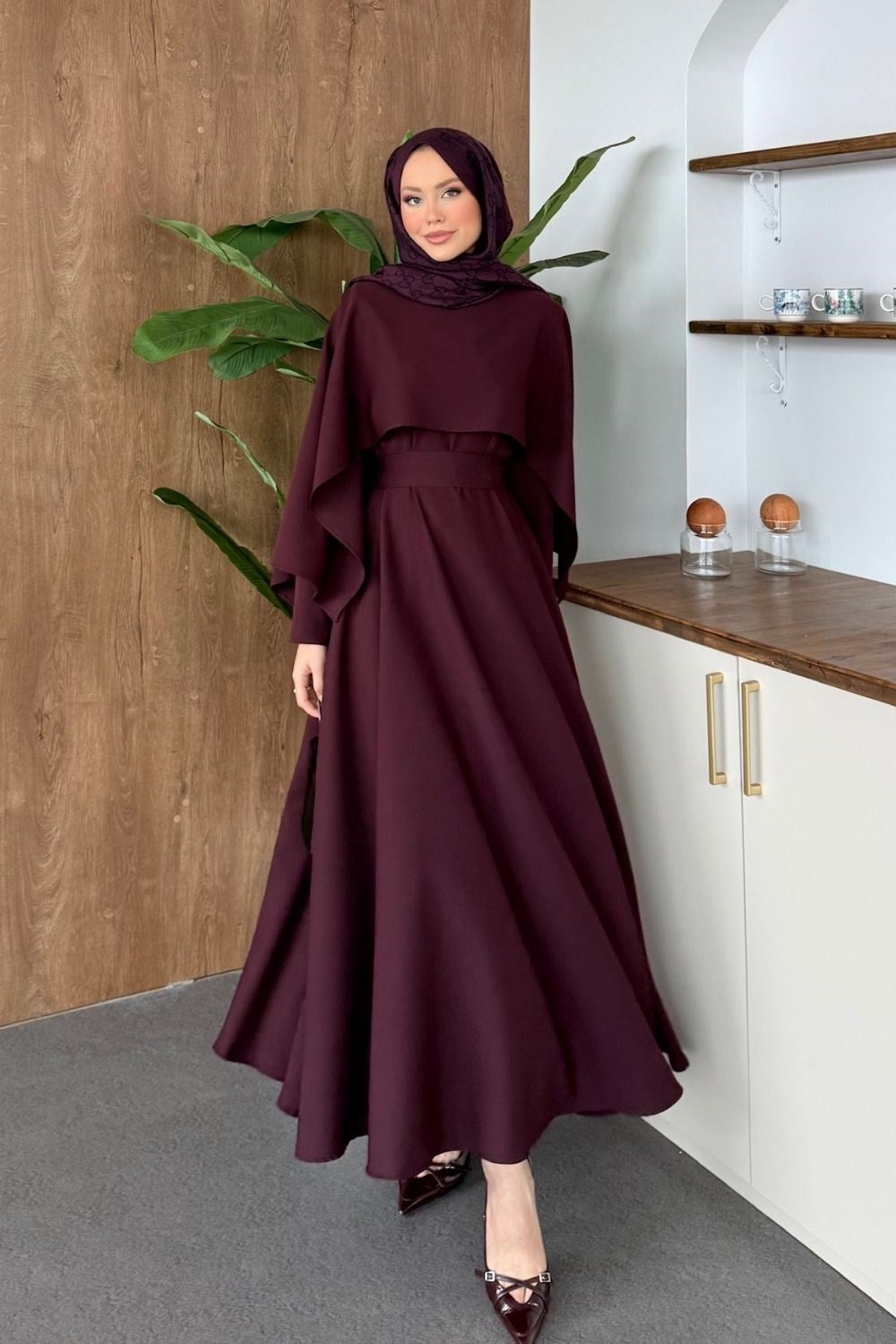 Double Pelerin Elbise Bordo 80110 