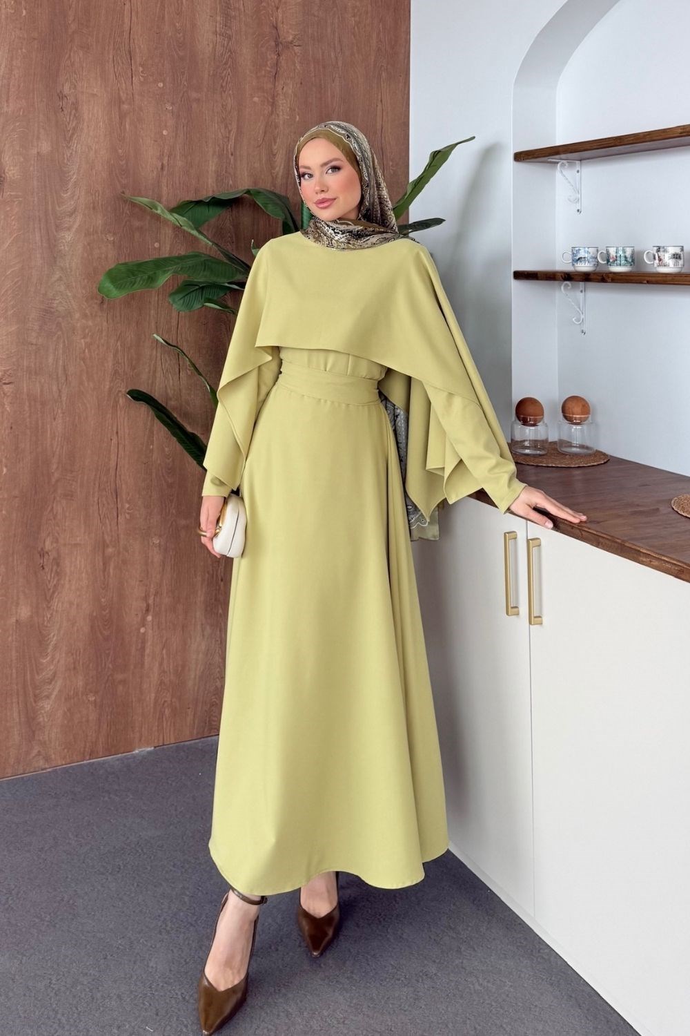 Double Pelerin Elbise Yağ Yeşili 80110 