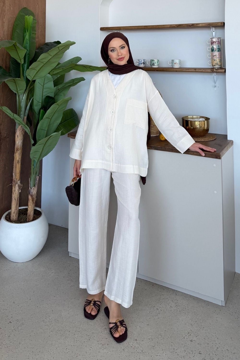Müslin Pantolonlu Takım Ekru 8042 