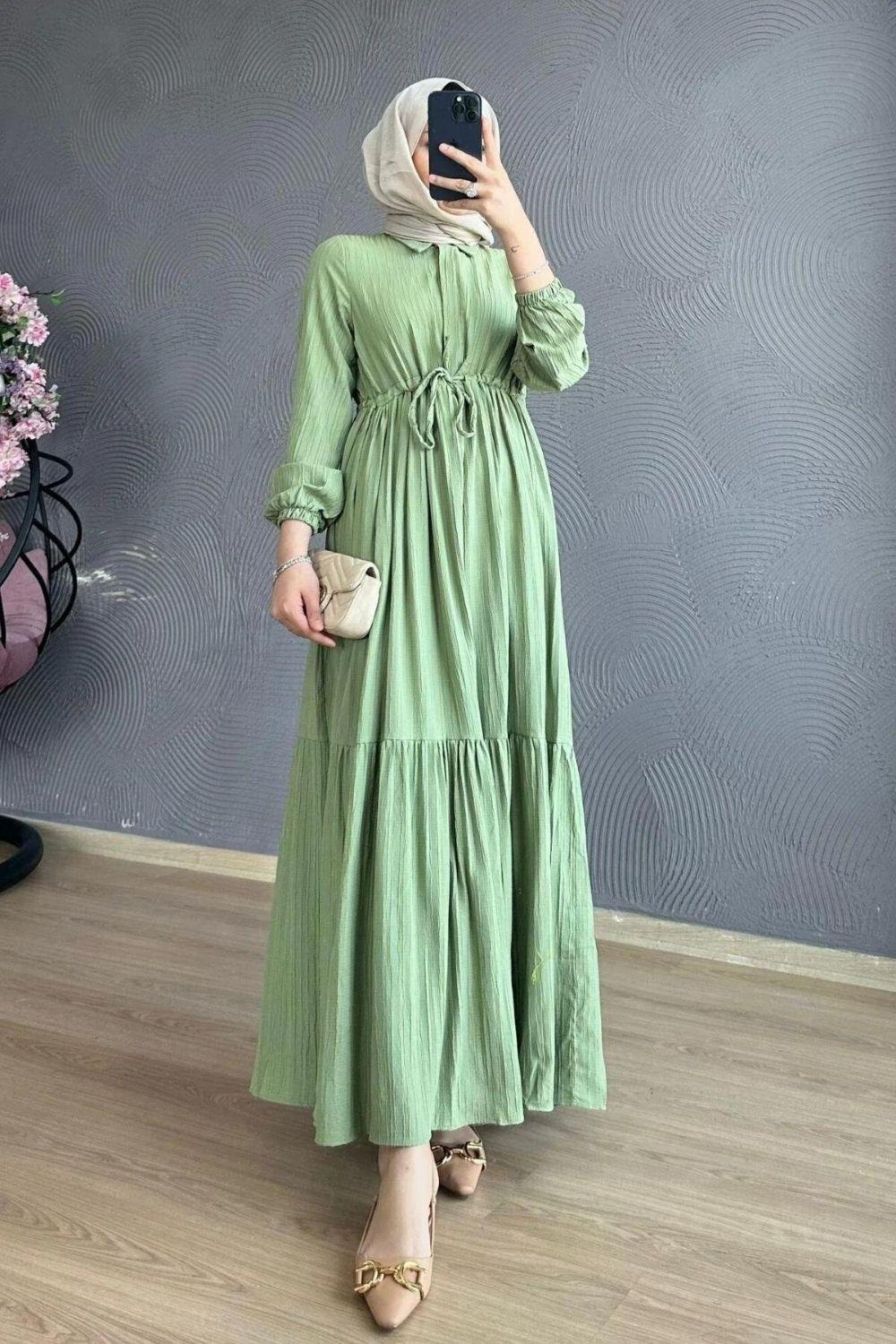 Beli Bağcıklı Gömlek Yaka Elbise Mint 8051 