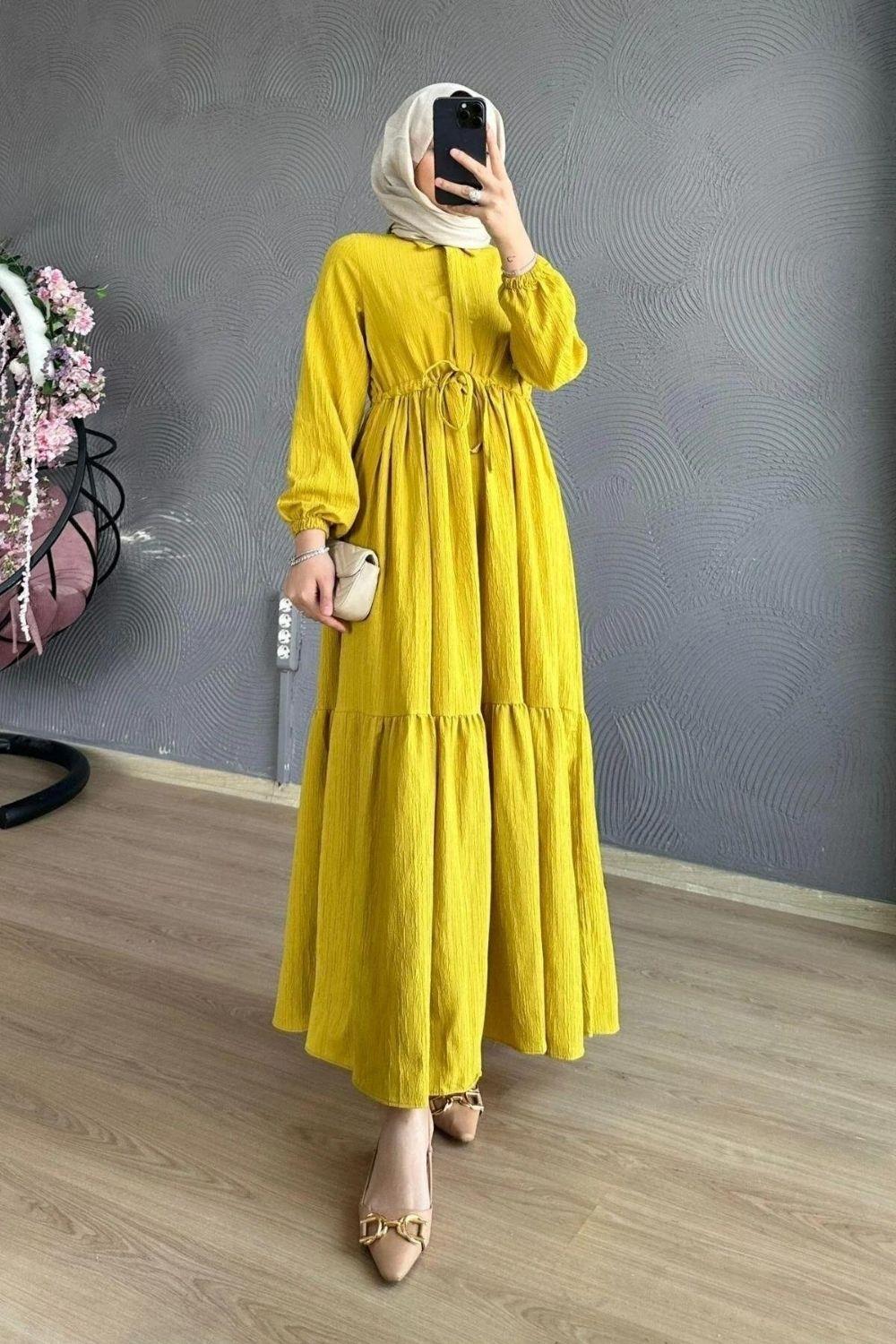 Beli Bağcıklı Gömlek Yaka Elbise Yağ Yeşili 8051 