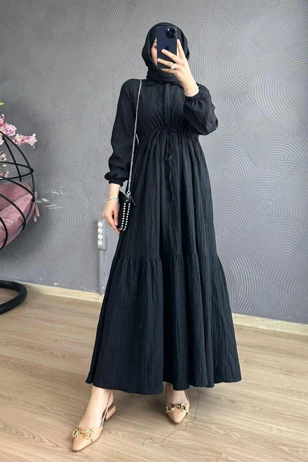 Beli Bağcıklı Gömlek Yaka Elbise Siyah – Şule Giyim | Tesettür Giyim