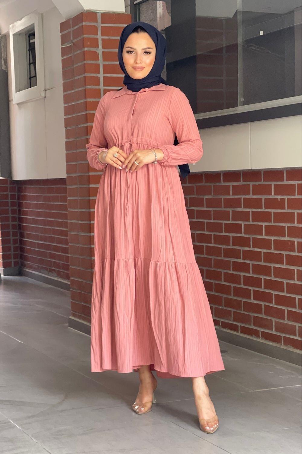 Beli Bağcıklı Gömlek Yaka Elbise Somon 8051 