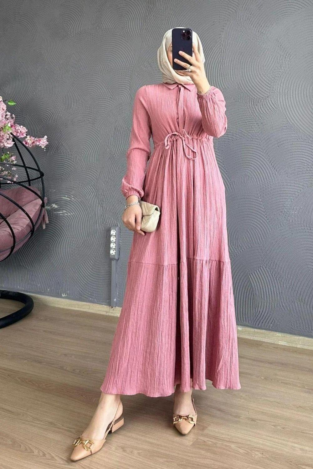 Beli Bağcıklı Gömlek Yaka Elbise Pudra 8051 
