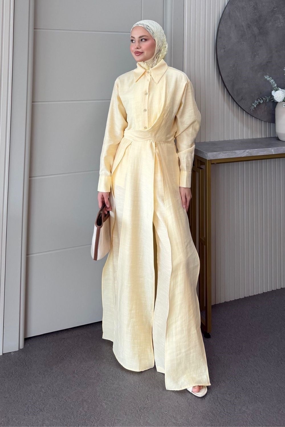 Celine Yırtmaçlı Pantolonlu Takım Sarı 8058 