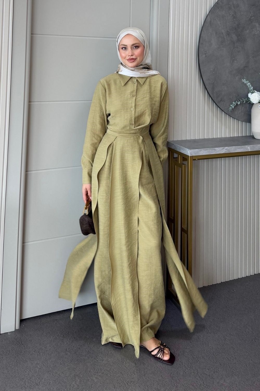 Celine Yırtmaçlı Pantolonlu Takım Yağ Yeşili 8058 