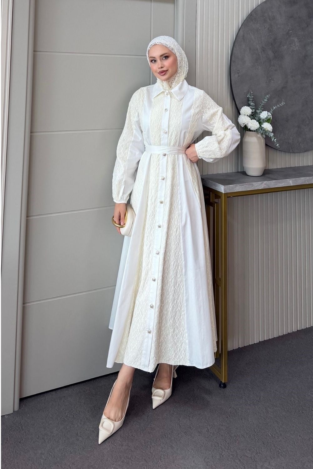Romantik Dantel Detaylı Elbise Beyaz 80650 