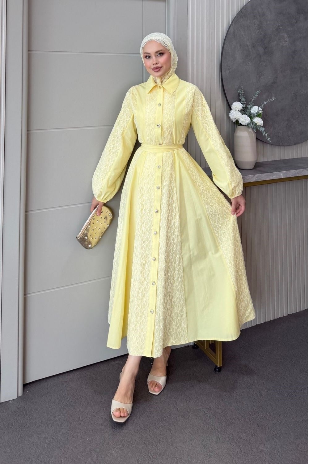 Romantik Dantel Detaylı Elbise Sarı 80650 