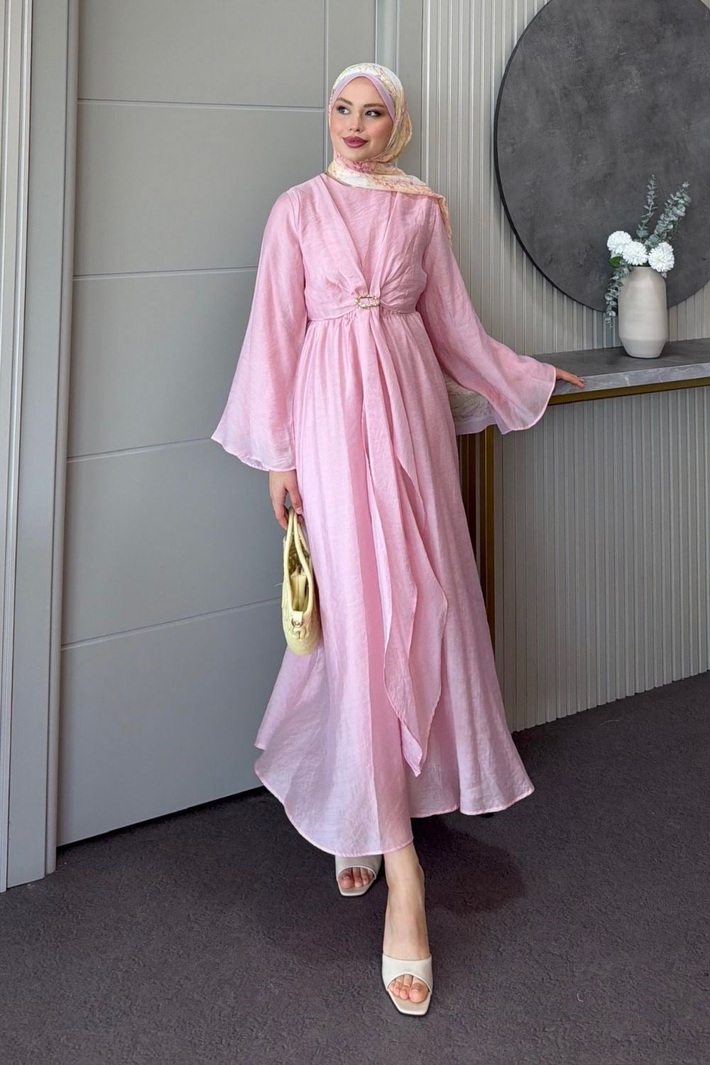 Oliva Broş Detaylı Elbise Pembe 8075 
