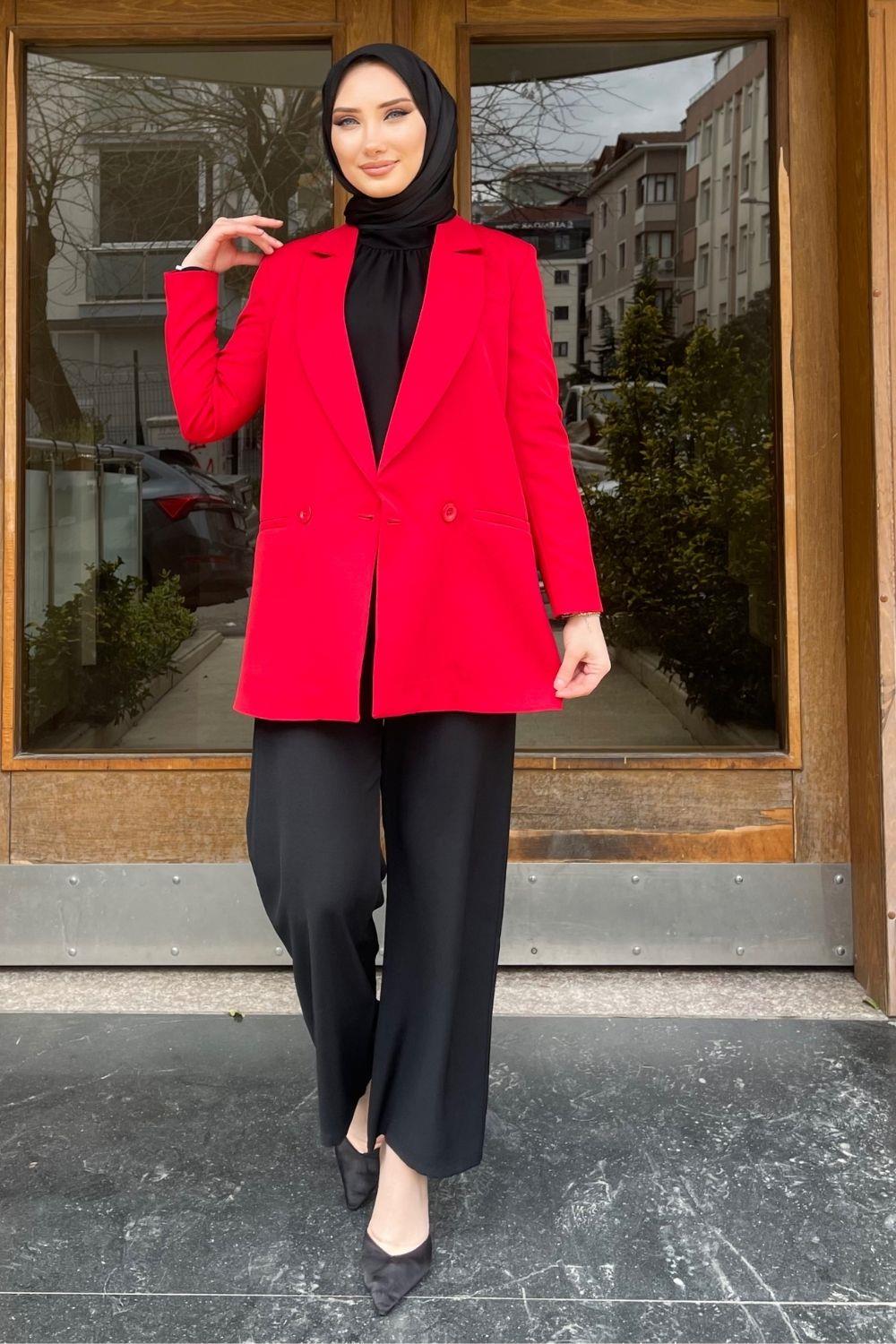 Şule Giyim | Tesettür Giyim | Çif Düğmeli Astarlı Ceket Kırmızı