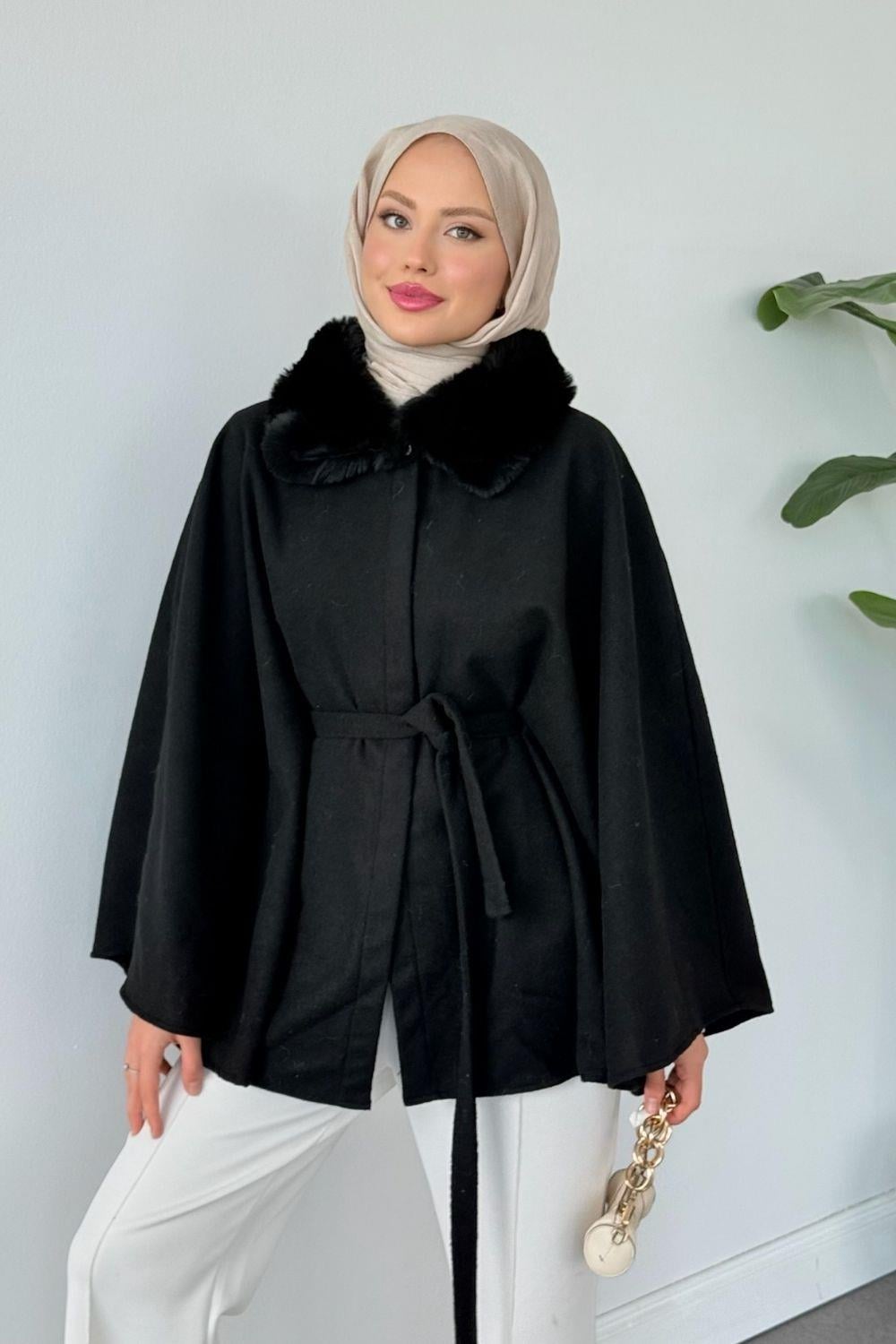 Kürk Yaka Panço Siyah 81204 
