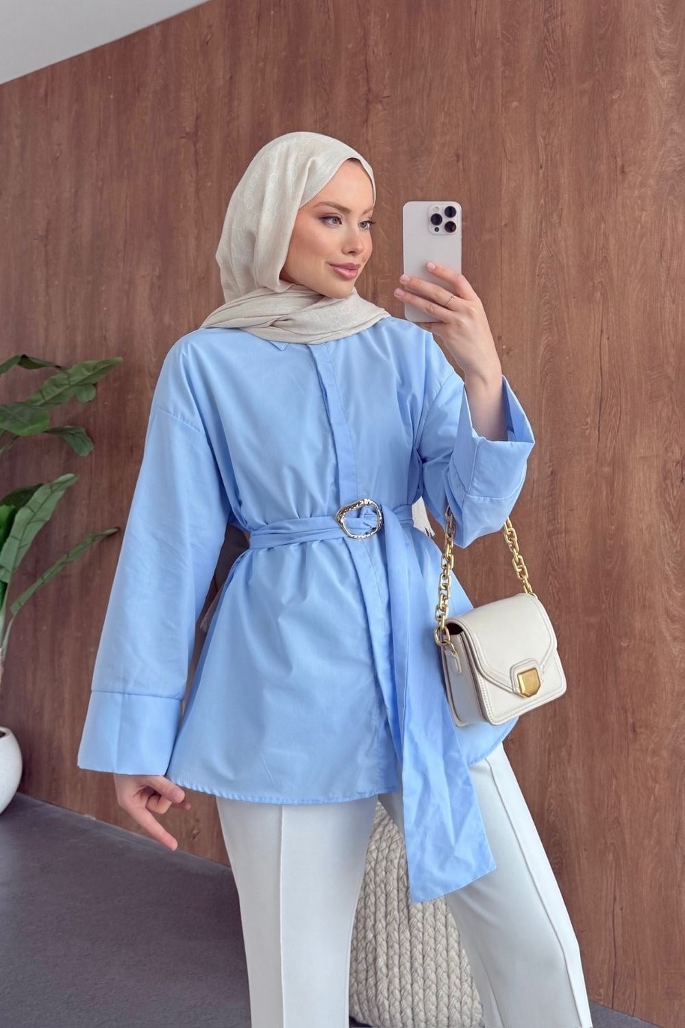 Toka Detaylı Kuşaklı Gömlek Mavi 81250 