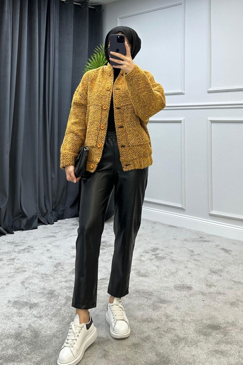 Kırçıllı Düğmeli Ceket Hardal 8201 