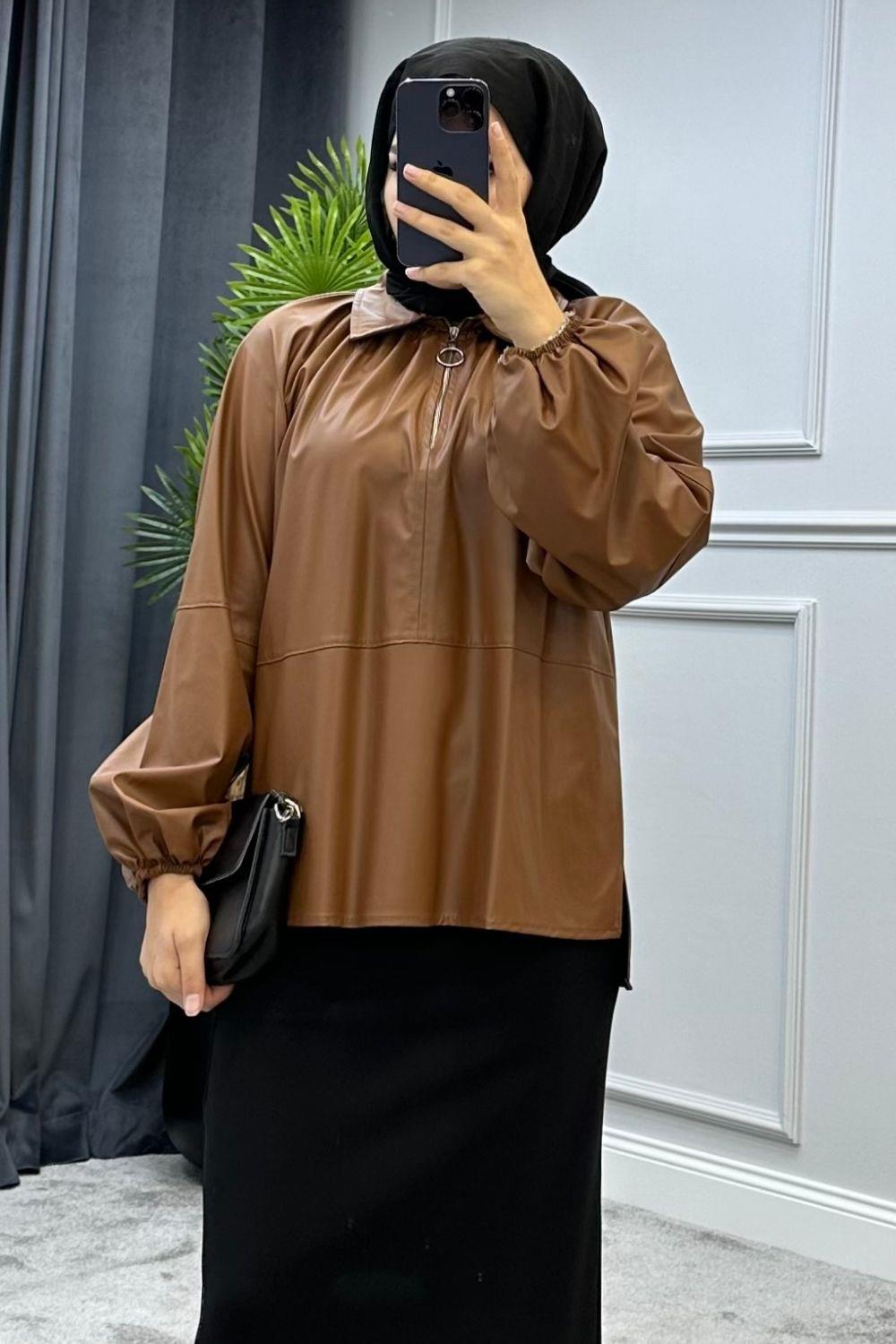 Yakalı Fermuarlı Deri Tunik Kahverengi 8206 