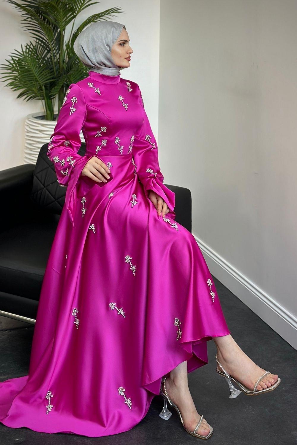 Emilia Prenses Taşlı Abiye Fuşya 8290 