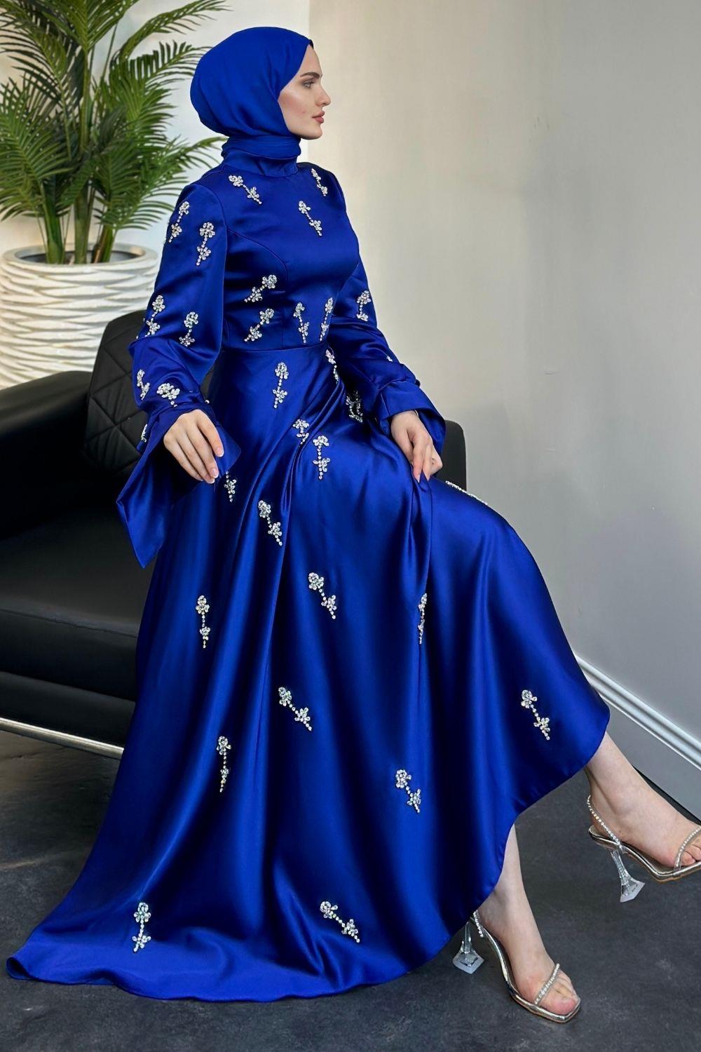 Emilia Prenses Taşlı Abiye Saks 8290 