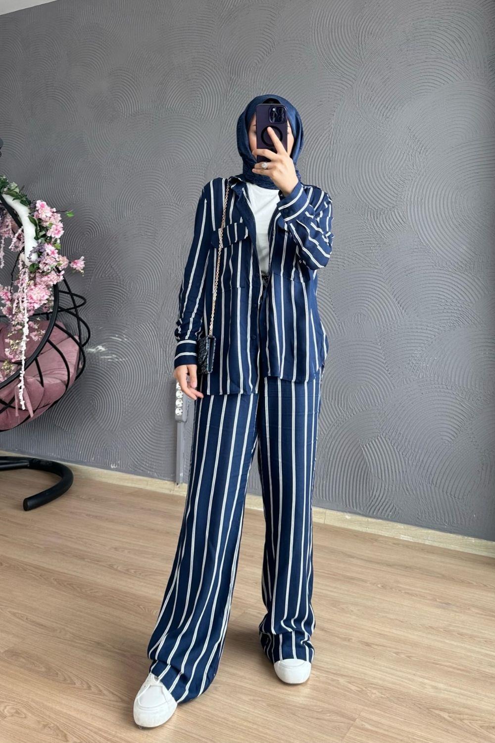 Çizgili Viskon Takım Lacivert 8357 