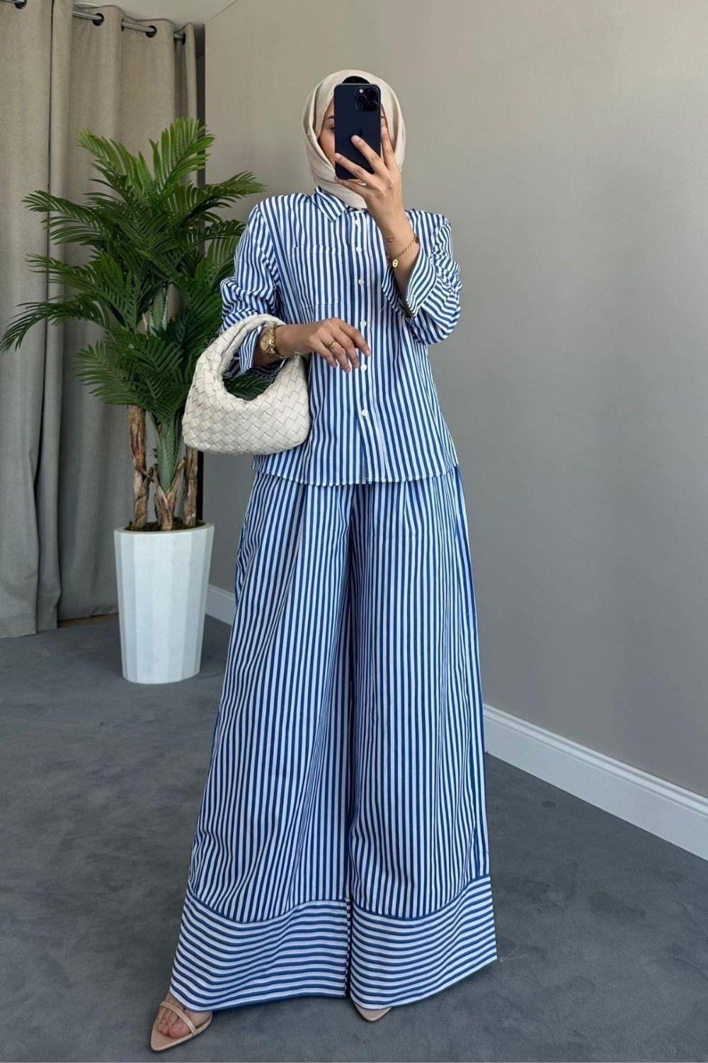 Poplin Çizgili Pantolonlu Takım Mavi 8391 