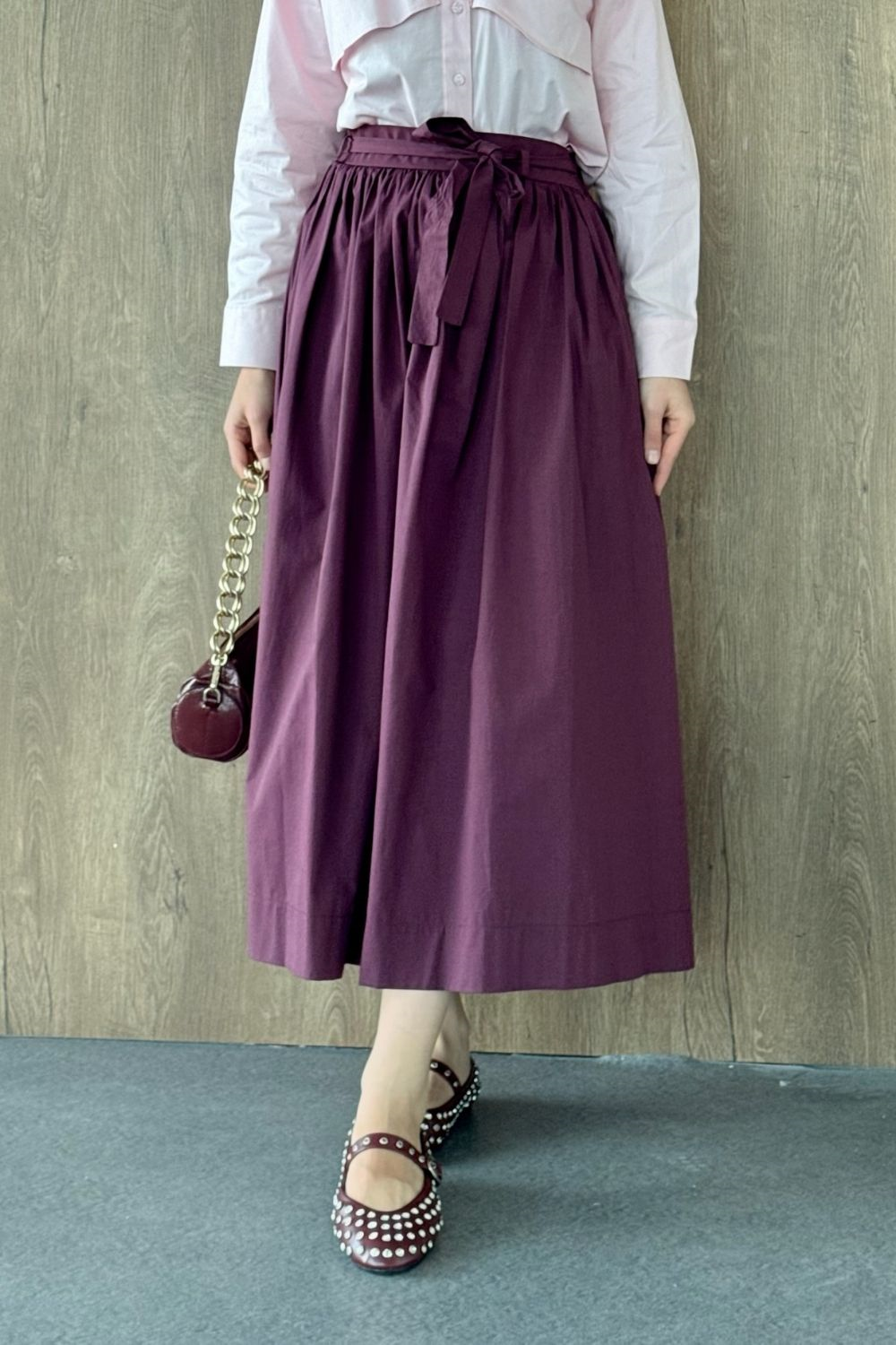 Kuşaklı Yüksek Bel Midi Etek Bordo 8444 