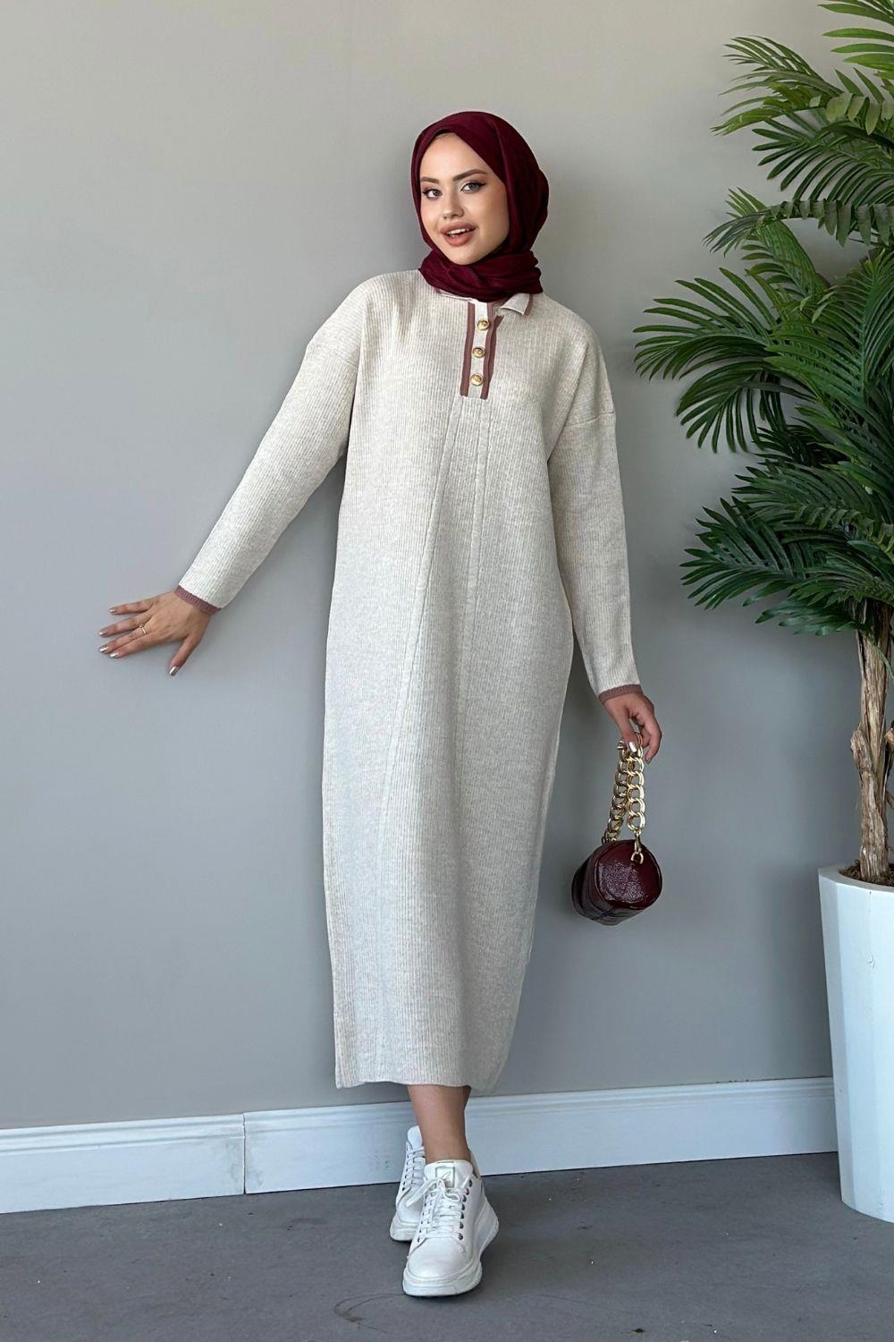 Önü Düğmeli Triko Elbise Bej 8526 